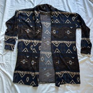 Caramela Sweater Womens Large Blue Brown Aztec Theme Open Front Knit Cardigan